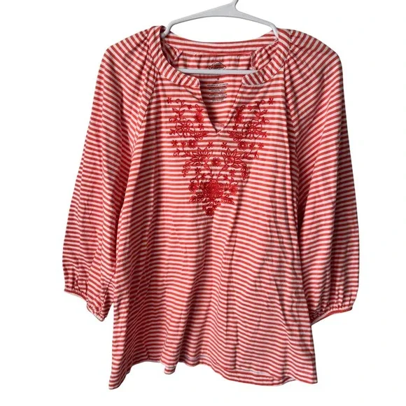 St Johns Bay Womens Medium Coral Red White Striped Floral Embroidered Cotton Top - Picture 1 of 3